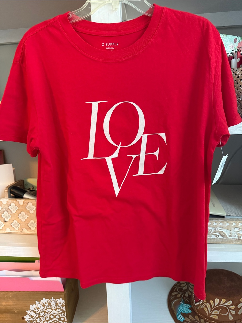 Z Supply Bright Red Tee with White LOVE Graphic. Size Medium. NWT!